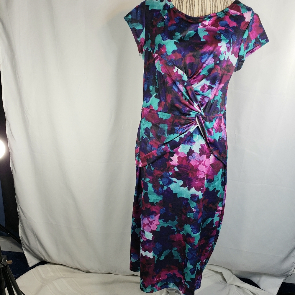Mark Floral Pattern Cap Sleeve Side Slimming Ruching Dress Size Medium
